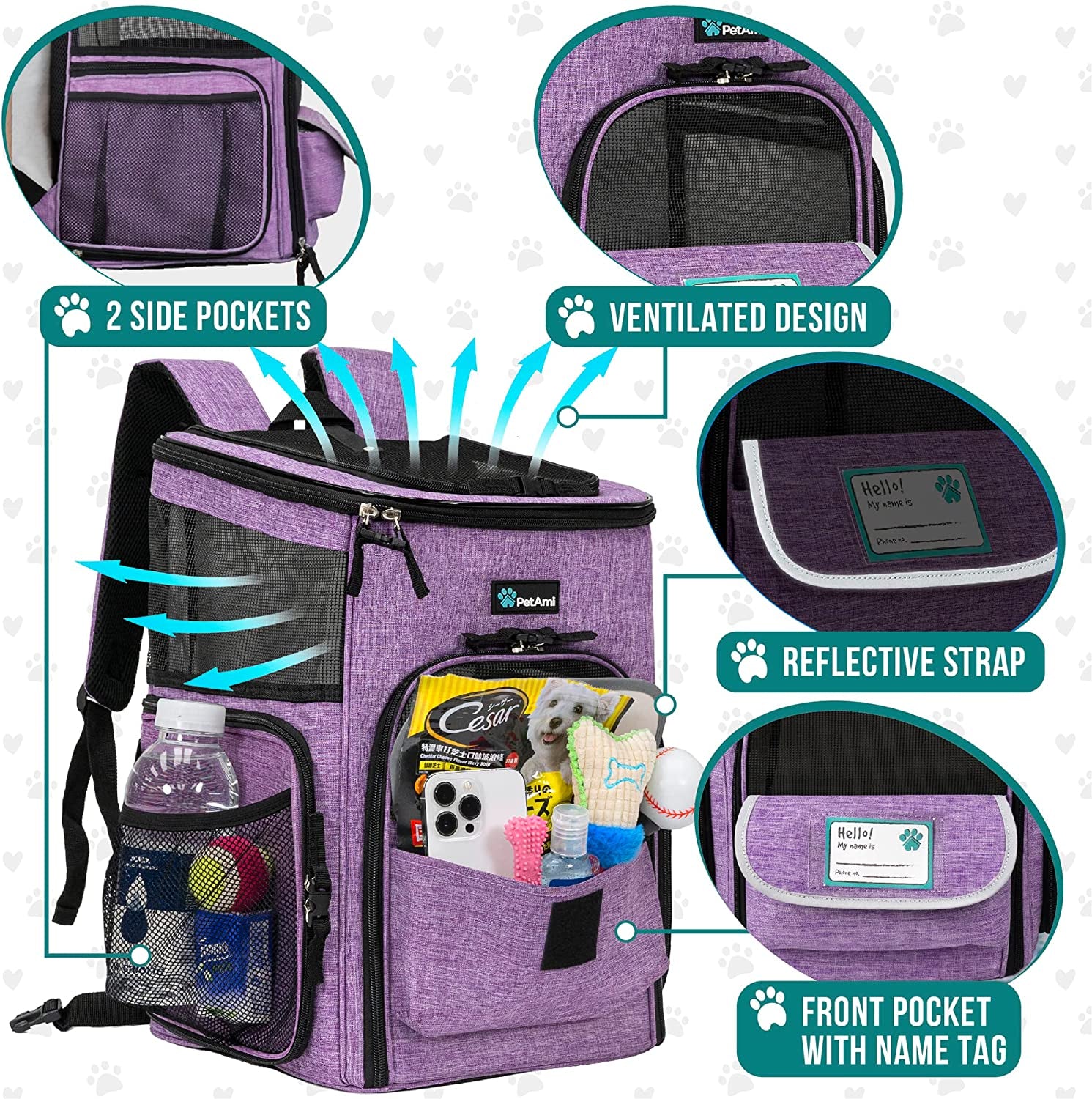 Airline Approved Dog Backpack Carrier - 4-Way Entry, Ventilated Mesh, Collapsible Pet Carrier for Small Pets (up to 18 lbs) - Perfect for Hiking, Travel & Vet Visits - Stylish Purple Design