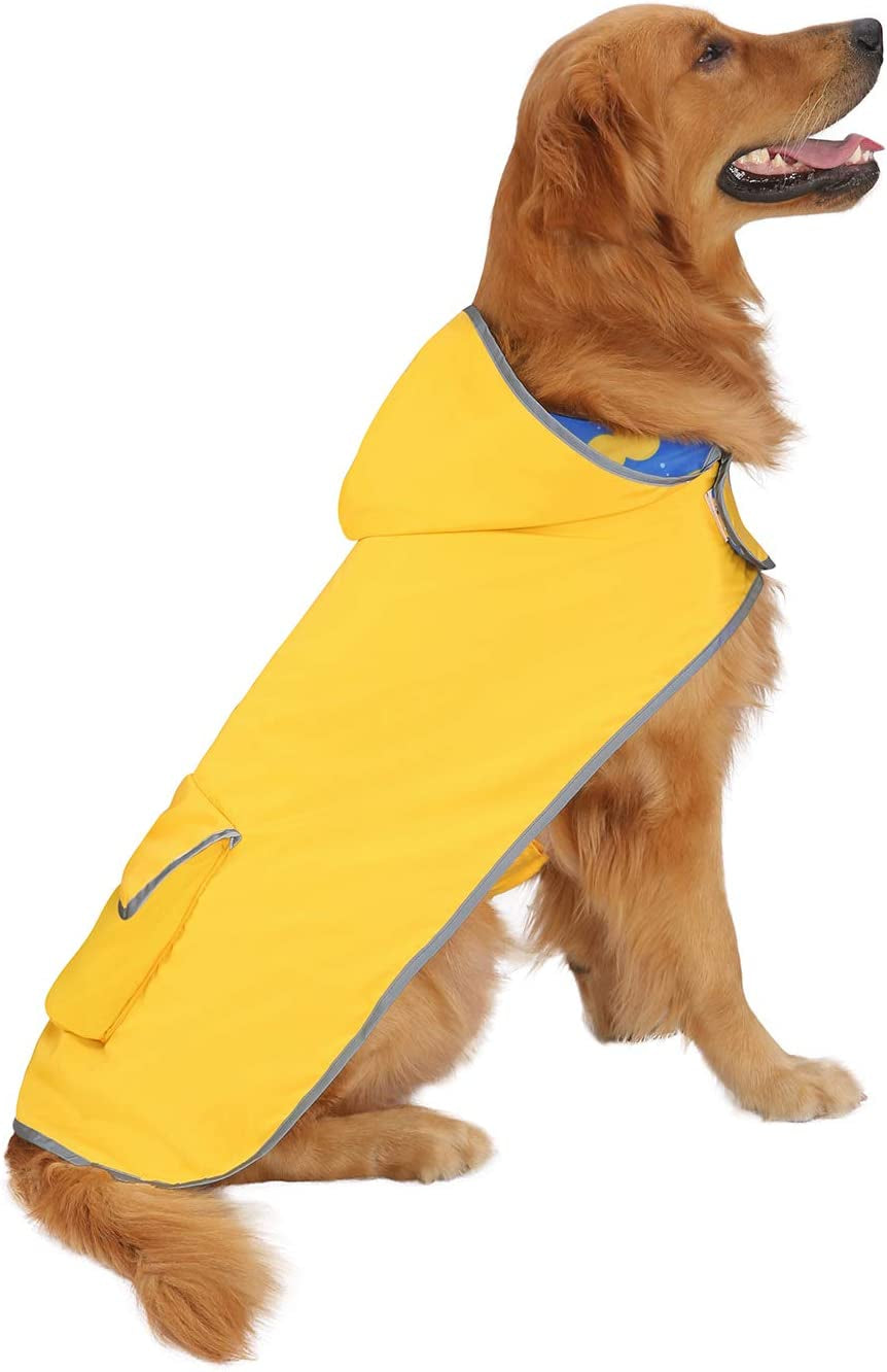 Stylish Reversible Hooded Dog Raincoat - Waterproof Poncho Jacket for Small to Large Dogs & Ducks - Bright Yellow - Size L
