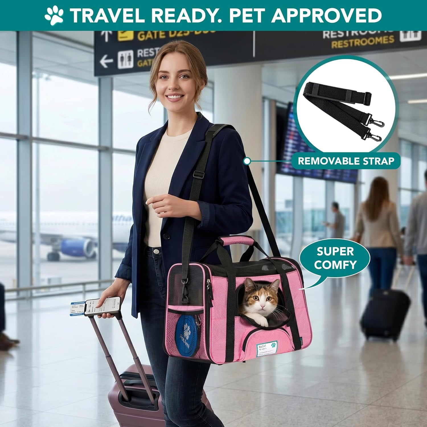 Stylish Deluxe Airline Approved Pet Carrier for Cats & Small Dogs - Soft Sided Travel Bag with Sherpa Bed & Collapsible Bowl - Perfect for Under Seat Travel, Up to 18 Lbs - Large Pink Design
