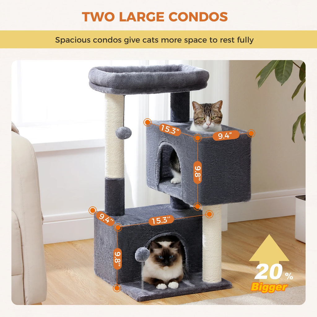 Stylish 31.5" Cat Tree Tower with Spacious Dual Condos for Kittens & Medium Cats - Dark Gray
