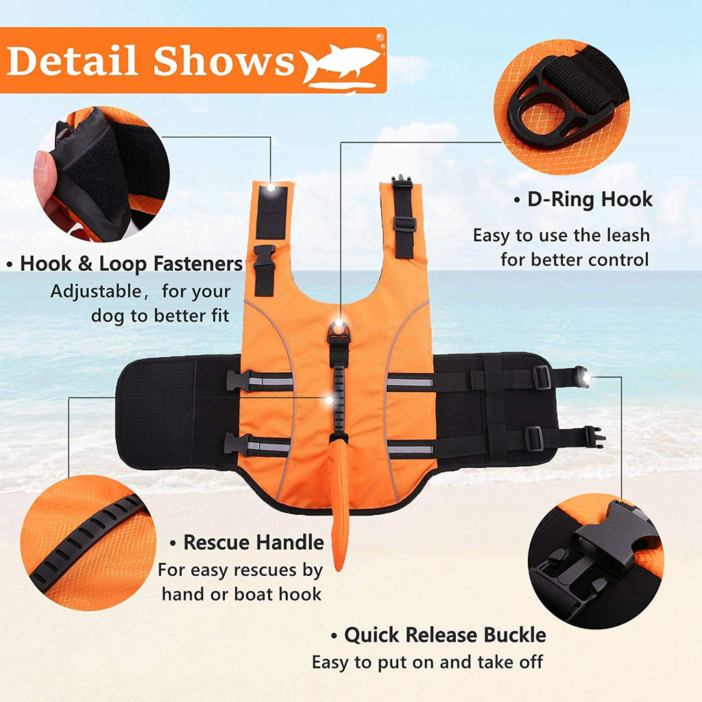 Extra Large Dog Life Jacket - Shark Fin Floatation Vest for Safe Boating, Swimming & Kayaking - Reflective Orange Vest for Golden Retrievers & Large Breeds - XXL
