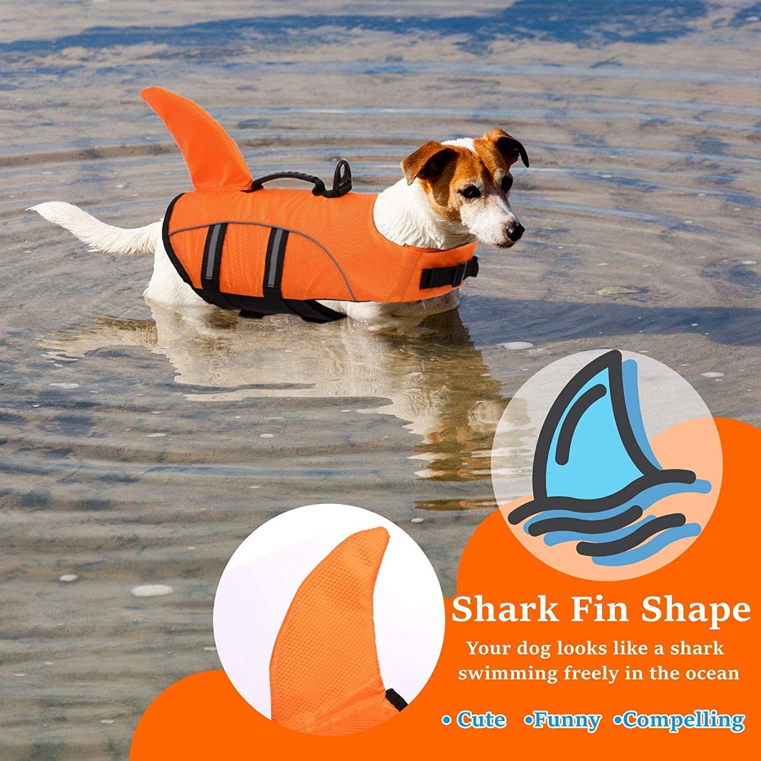 Extra Large Dog Life Jacket - Shark Fin Floatation Vest for Safe Boating, Swimming & Kayaking - Reflective Orange Vest for Golden Retrievers & Large Breeds - XXL