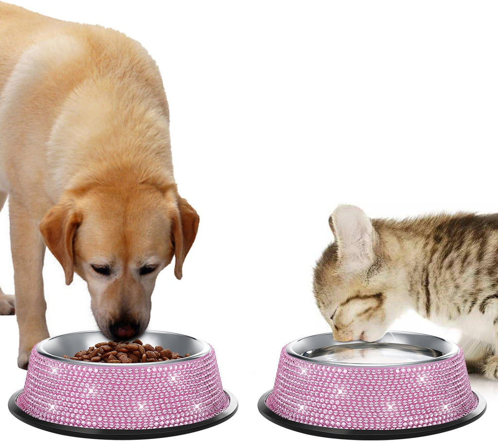 Glamorous Pink Bling Dog Bowls - Set of 2 Handmade Rhinestone Stainless Steel Feeders for Dogs and Cats (640ML)