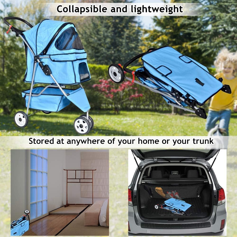 Lightweight 3-Wheel Pet Stroller - Foldable Dog & Cat Carrier with Mesh & Weather Cover, Perfect for Outdoor Walks & Travel (Blue)