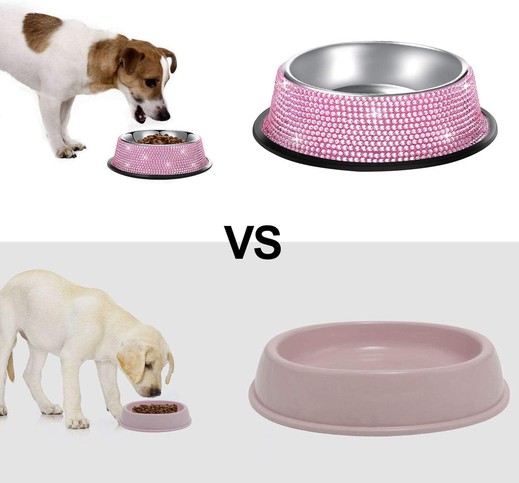 Glamorous Pink Bling Dog Bowls - Set of 2 Handmade Rhinestone Stainless Steel Feeders for Dogs and Cats (640ML)