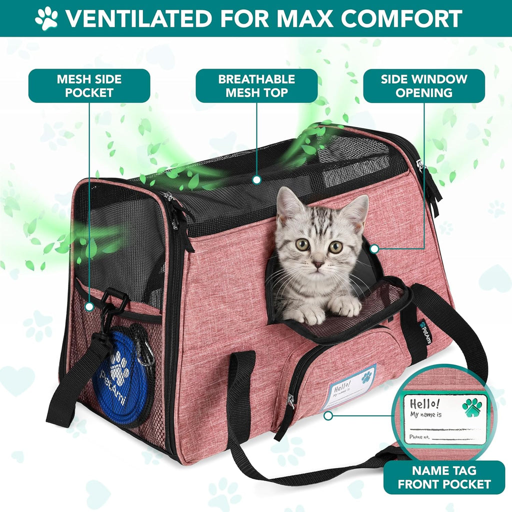 Airline Approved Soft-Sided Pet Carrier for Cats & Small Dogs - Comfortable Sherpa Bed, Breathable Mesh, Collapsible Bowl, Up to 18 lbs, Stylish Heather White & Red Design