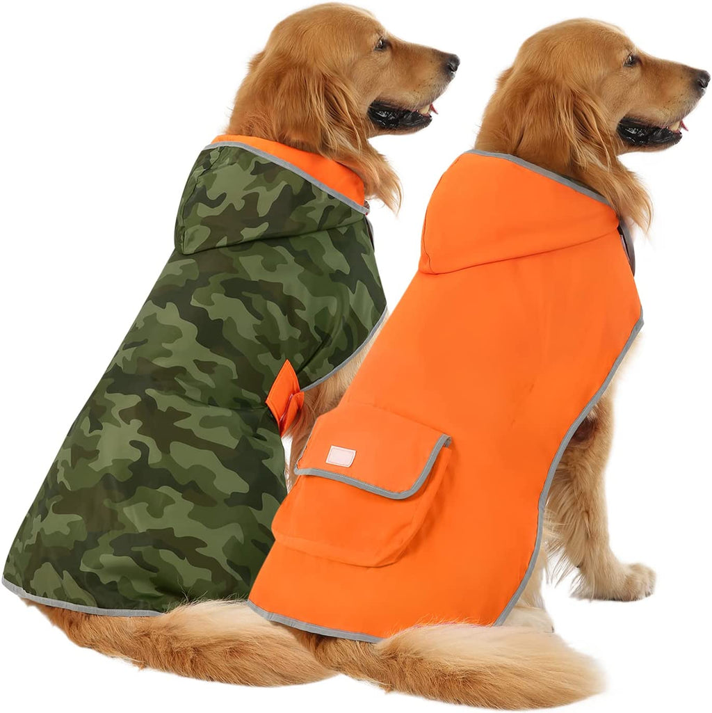 Stylish Reversible Camo & Orange Dog Raincoat - Hooded Slicker Poncho for Small to Large Dogs (Size L)
