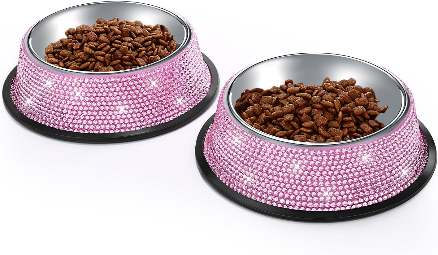 Glamorous Pink Bling Dog Bowls - Set of 2 Handmade Rhinestone Stainless Steel Feeders for Dogs and Cats (640ML)