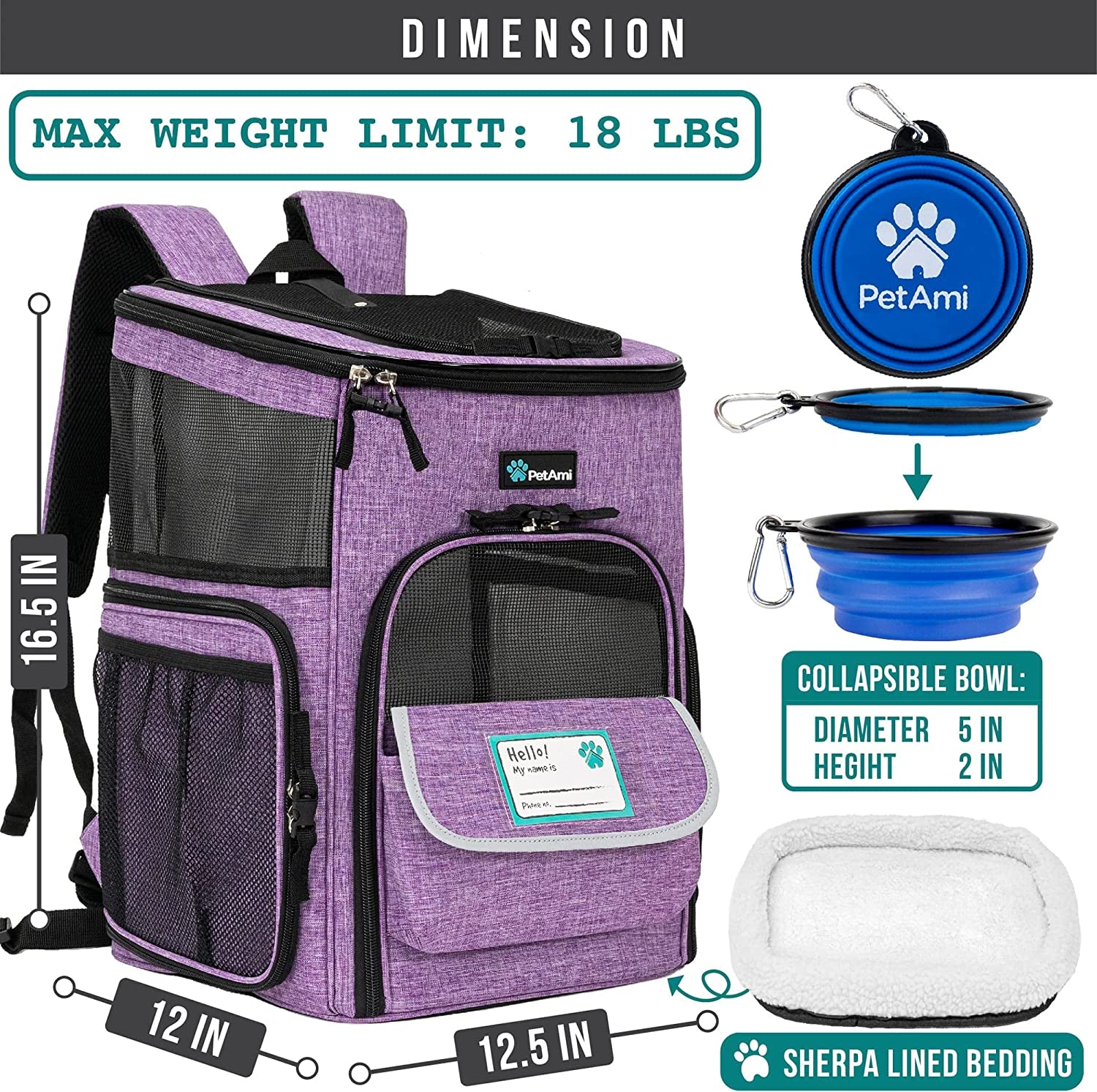 Airline Approved Dog Backpack Carrier - 4-Way Entry, Ventilated Mesh, Collapsible Pet Carrier for Small Pets (up to 18 lbs) - Perfect for Hiking, Travel & Vet Visits - Stylish Purple Design