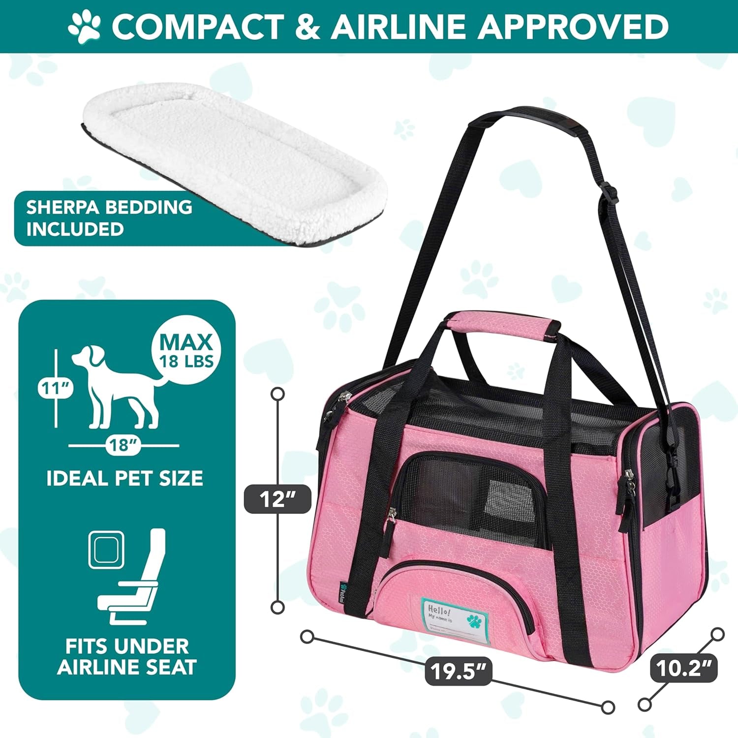 Stylish Deluxe Airline Approved Pet Carrier for Cats & Small Dogs - Soft Sided Travel Bag with Sherpa Bed & Collapsible Bowl - Perfect for Under Seat Travel, Up to 18 Lbs - Large Pink Design