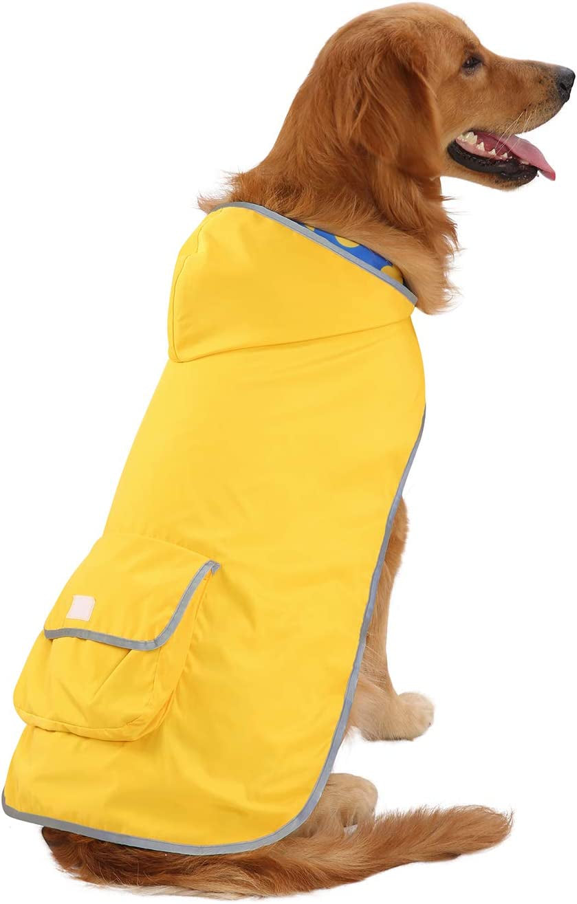 Stylish Reversible Hooded Dog Raincoat - Waterproof Poncho Jacket for Small to Large Dogs & Ducks - Bright Yellow - Size L
