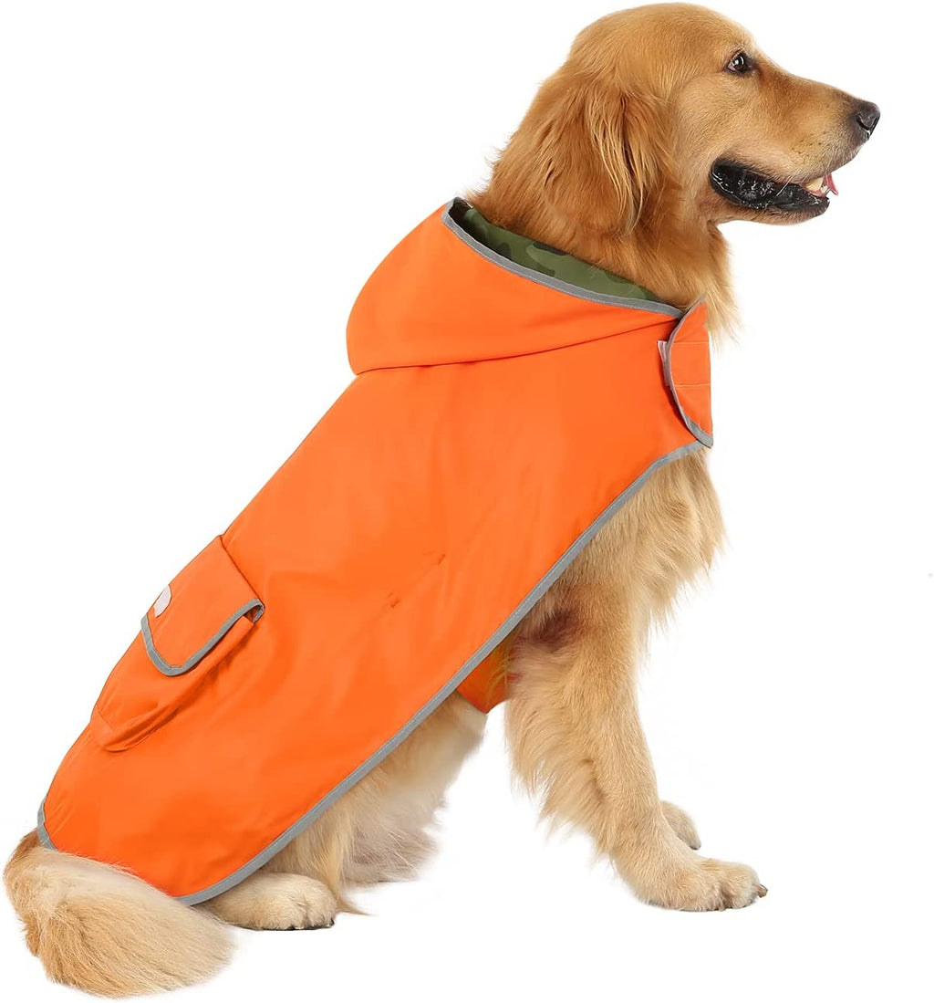 Stylish Reversible Camo & Orange Dog Raincoat - Hooded Slicker Poncho for Small to Large Dogs (Size L)