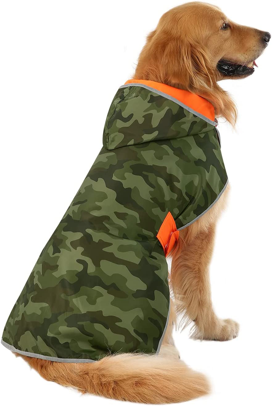 Stylish Reversible Camo & Orange Dog Raincoat - Hooded Slicker Poncho for Small to Large Dogs (Size L)