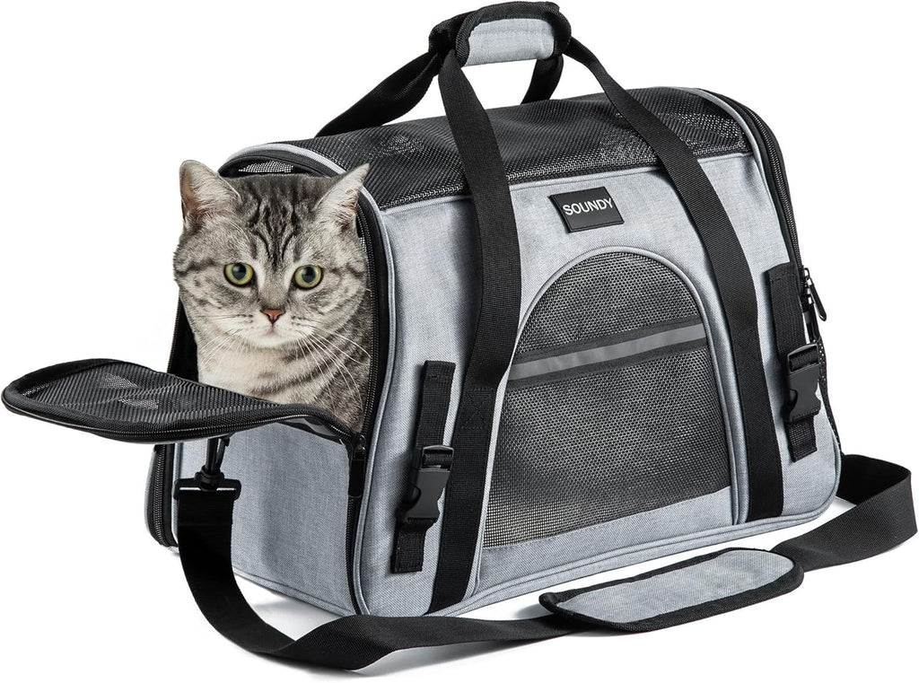 Airline Approved Portable Pet Carrier for Cats and Small Dogs - Grey with Bowl, Perfect for Travel!