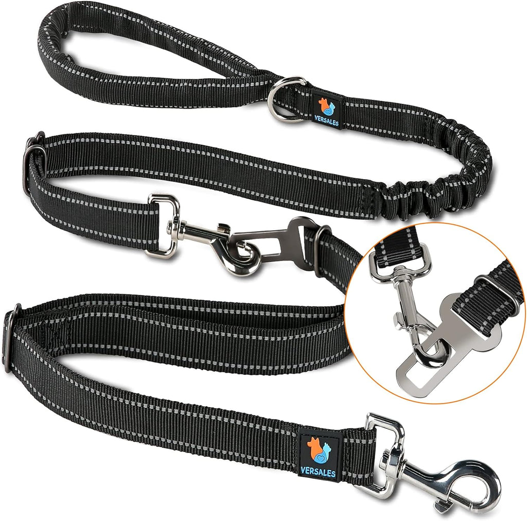 Heavy Duty 6 FT Reflective Bungee Dog Leash - Perfect for Large, Medium & Small Dogs - Nylon Leash & Seatbelt Set (Black)
