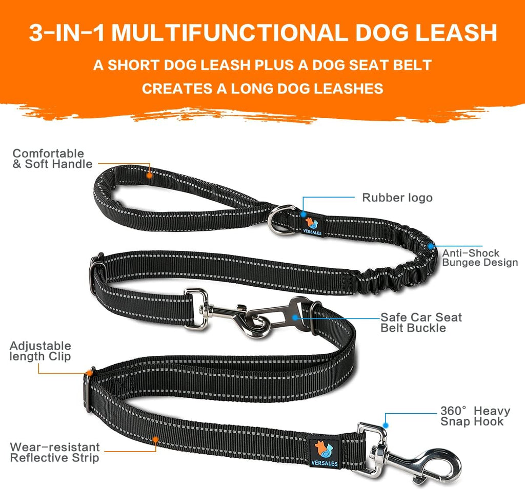 Heavy Duty 6 FT Reflective Bungee Dog Leash - Perfect for Large, Medium & Small Dogs - Nylon Leash & Seatbelt Set (Black)