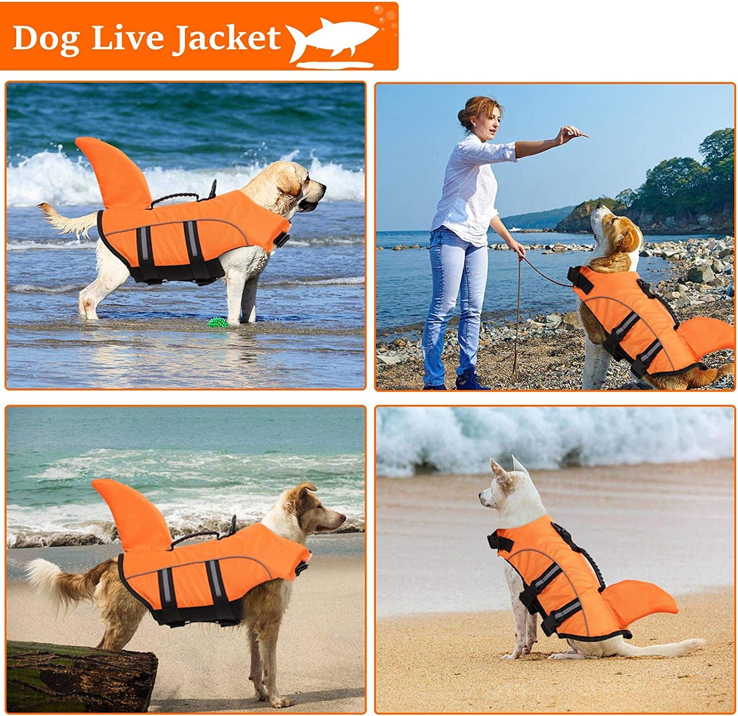 Extra Large Dog Life Jacket - Shark Fin Floatation Vest for Safe Boating, Swimming & Kayaking - Reflective Orange Vest for Golden Retrievers & Large Breeds - XXL