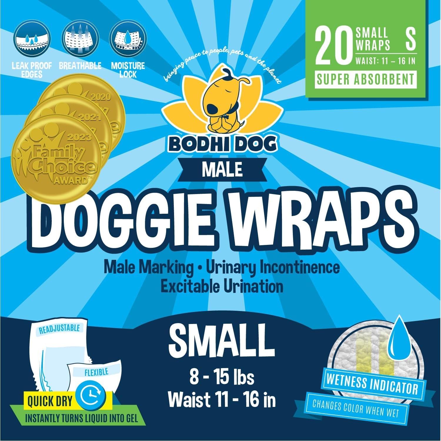 Super Absorbent Leak-Proof Male Dog Diapers - 20 Count Small with Adjustable Fit, Moisture Control & Wetness Indicator