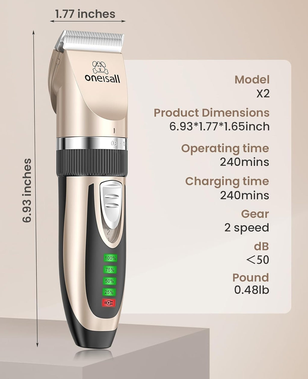 Whisper-Quiet 2-Speed Rechargeable Dog Clippers - Cordless Grooming Kit for All Breeds (Gold)