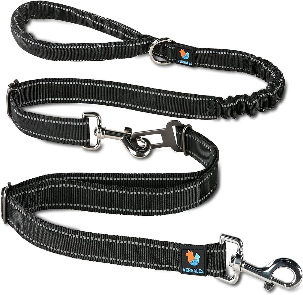 Heavy Duty 6 FT Reflective Bungee Dog Leash - Perfect for Large, Medium & Small Dogs - Nylon Leash & Seatbelt Set (Black)