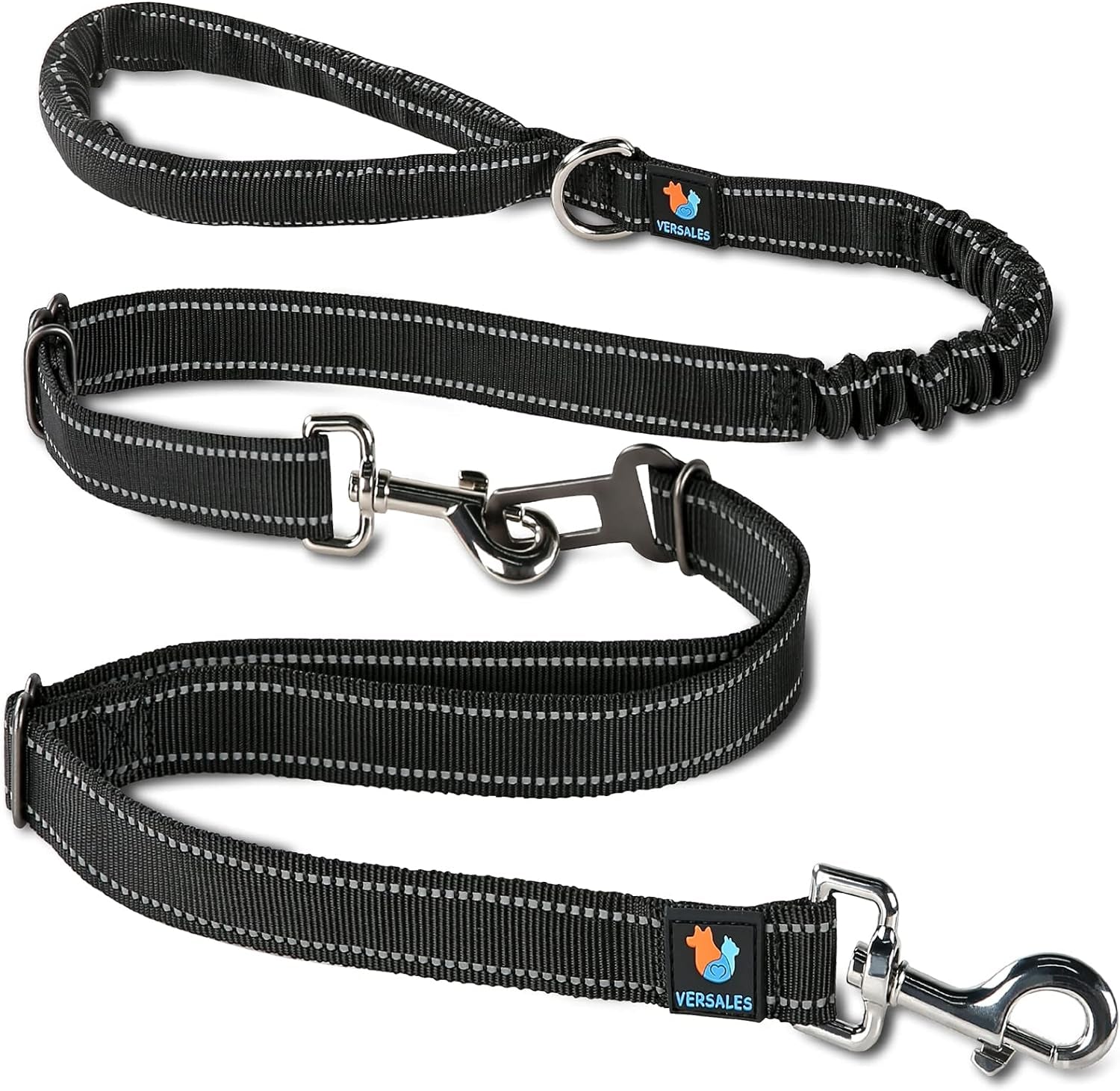 Heavy Duty 6 FT Reflective Bungee Dog Leash - Perfect for Large, Medium & Small Dogs - Nylon Leash & Seatbelt Set (Black)