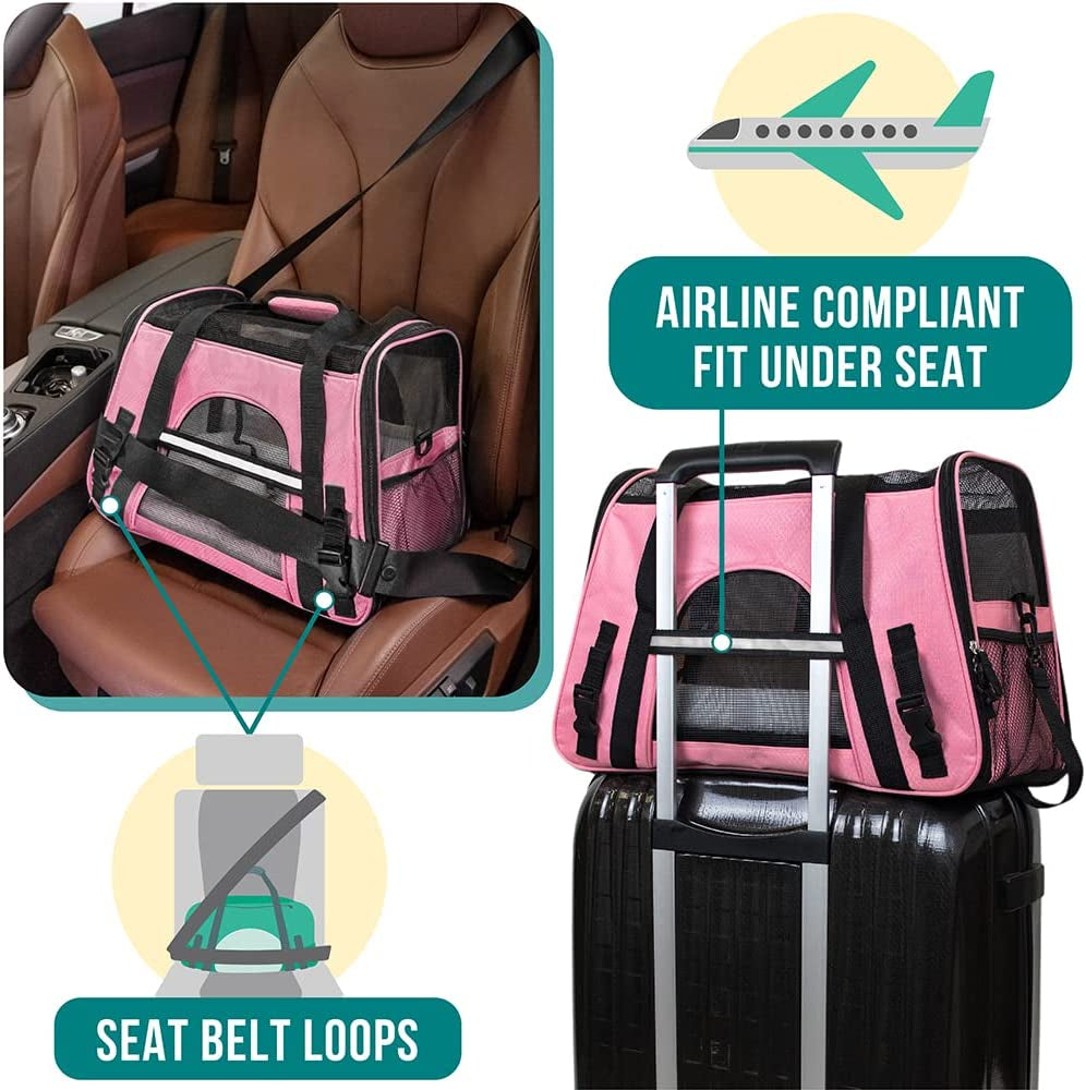 Stylish Deluxe Airline Approved Pet Carrier for Cats & Small Dogs - Soft Sided Travel Bag with Sherpa Bed & Collapsible Bowl - Perfect for Under Seat Travel, Up to 18 Lbs - Large Pink Design