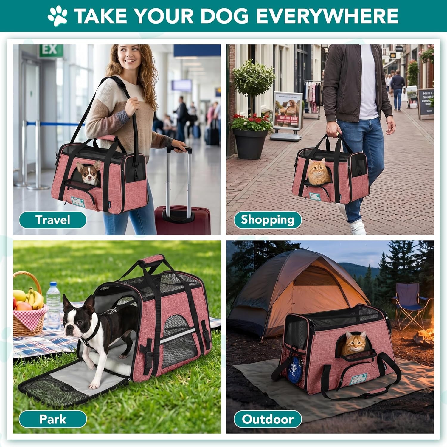 Airline Approved Soft-Sided Pet Carrier for Cats & Small Dogs - Comfortable Sherpa Bed, Breathable Mesh, Collapsible Bowl, Up to 18 lbs, Stylish Heather White & Red Design