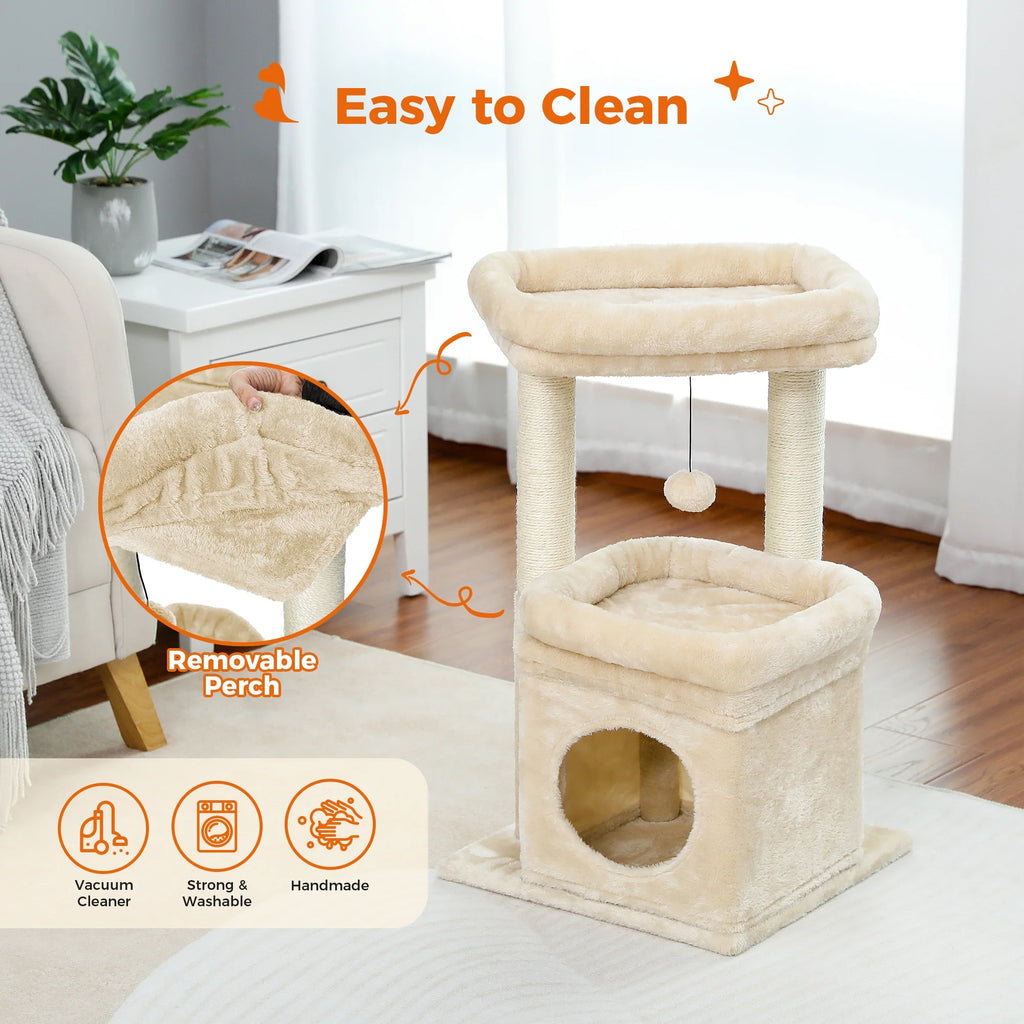 Cozy 27" Cat Tree for Medium Cats - Plush Condo & Scratching Posts in Beige