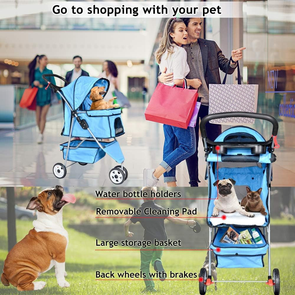 Lightweight 3-Wheel Pet Stroller - Foldable Dog & Cat Carrier with Mesh & Weather Cover, Perfect for Outdoor Walks & Travel (Blue)