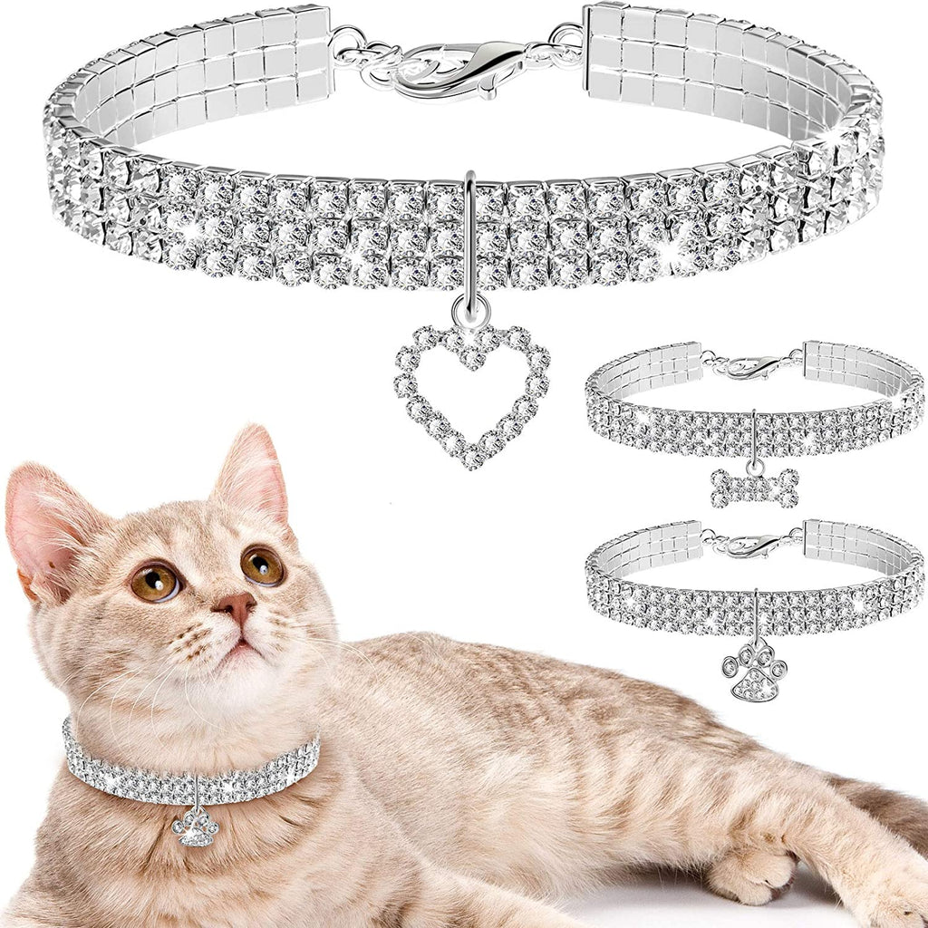 Bling Rhinestones Adjustable Pet Collars - Sparkling Crystal Necklaces for Small Dogs and Cats (3 Pack, White)
