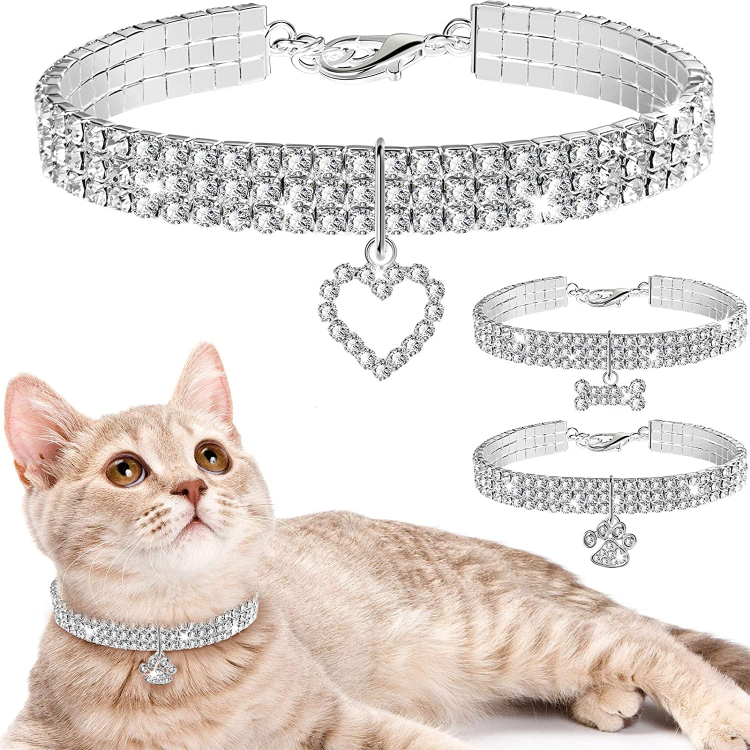Bling Rhinestones Adjustable Pet Collars - Sparkling Crystal Necklaces for Small Dogs and Cats (3 Pack, White)