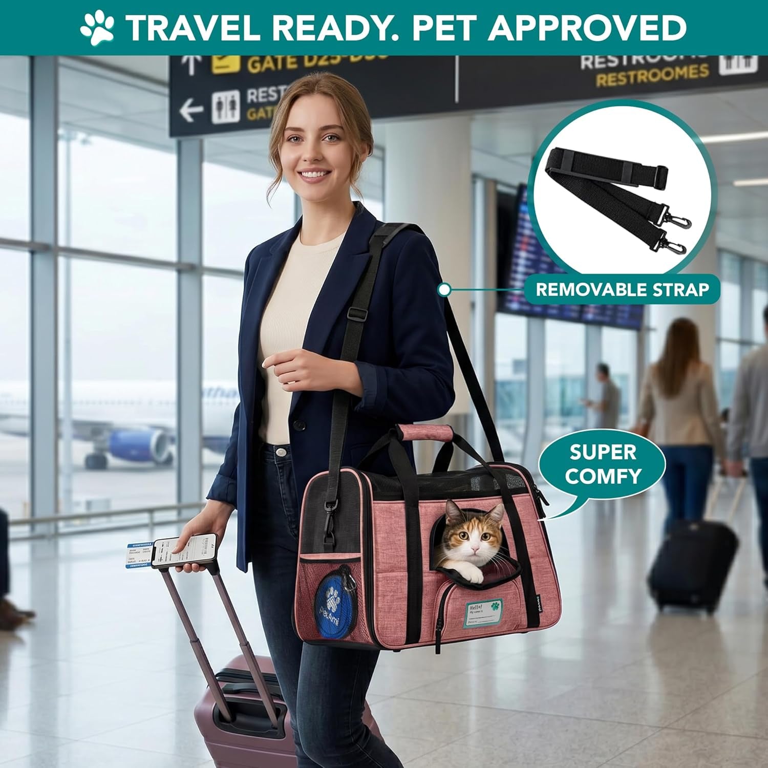 Airline Approved Soft-Sided Pet Carrier for Cats & Small Dogs - Comfortable Sherpa Bed, Breathable Mesh, Collapsible Bowl, Up to 18 lbs, Stylish Heather White & Red Design