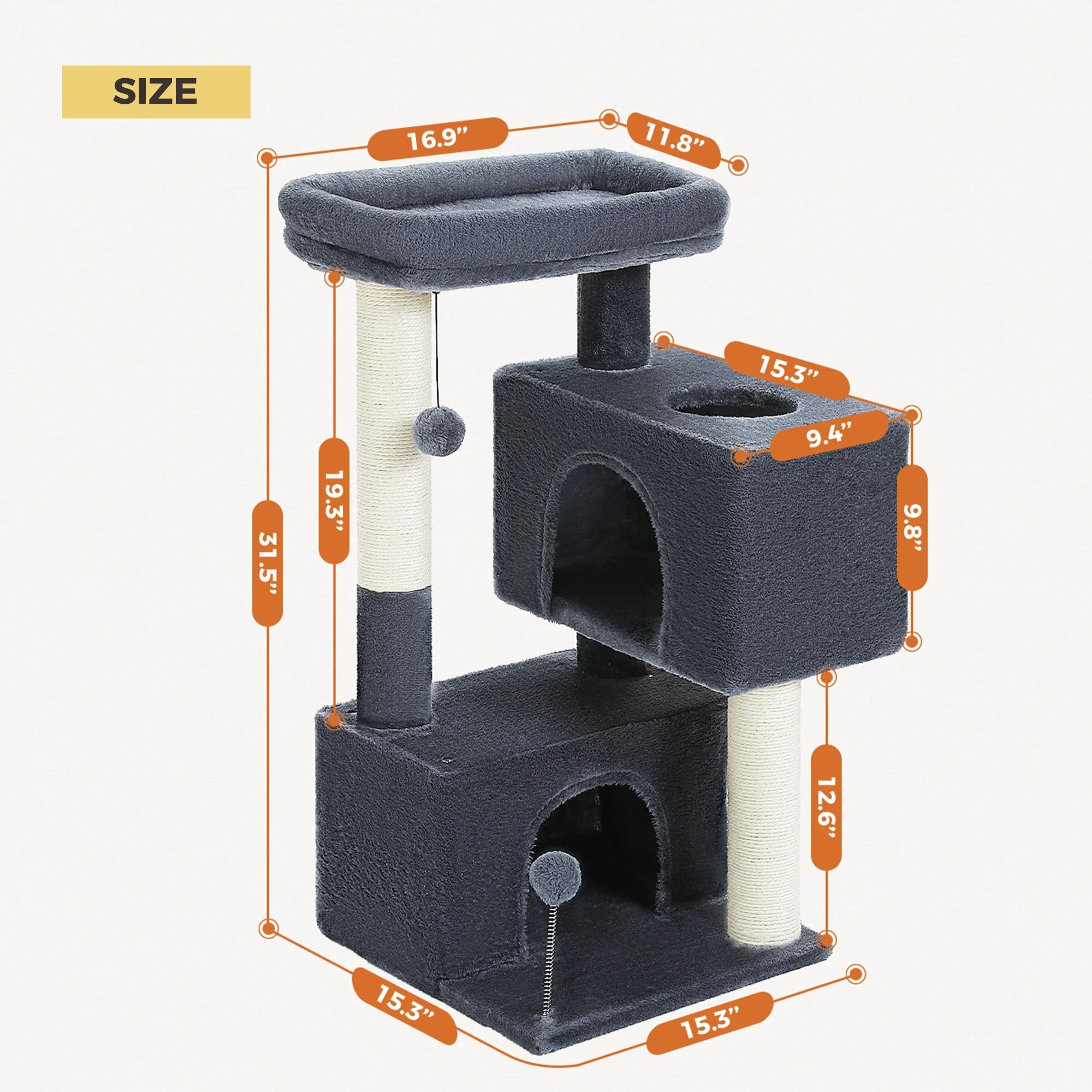 Stylish 31.5" Cat Tree Tower with Spacious Dual Condos for Kittens & Medium Cats - Dark Gray
