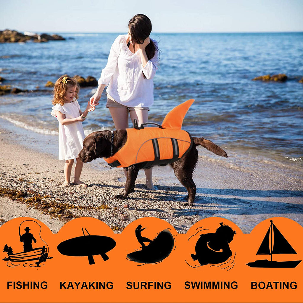 Extra Large Dog Life Jacket - Shark Fin Floatation Vest for Safe Boating, Swimming & Kayaking - Reflective Orange Vest for Golden Retrievers & Large Breeds - XXL
