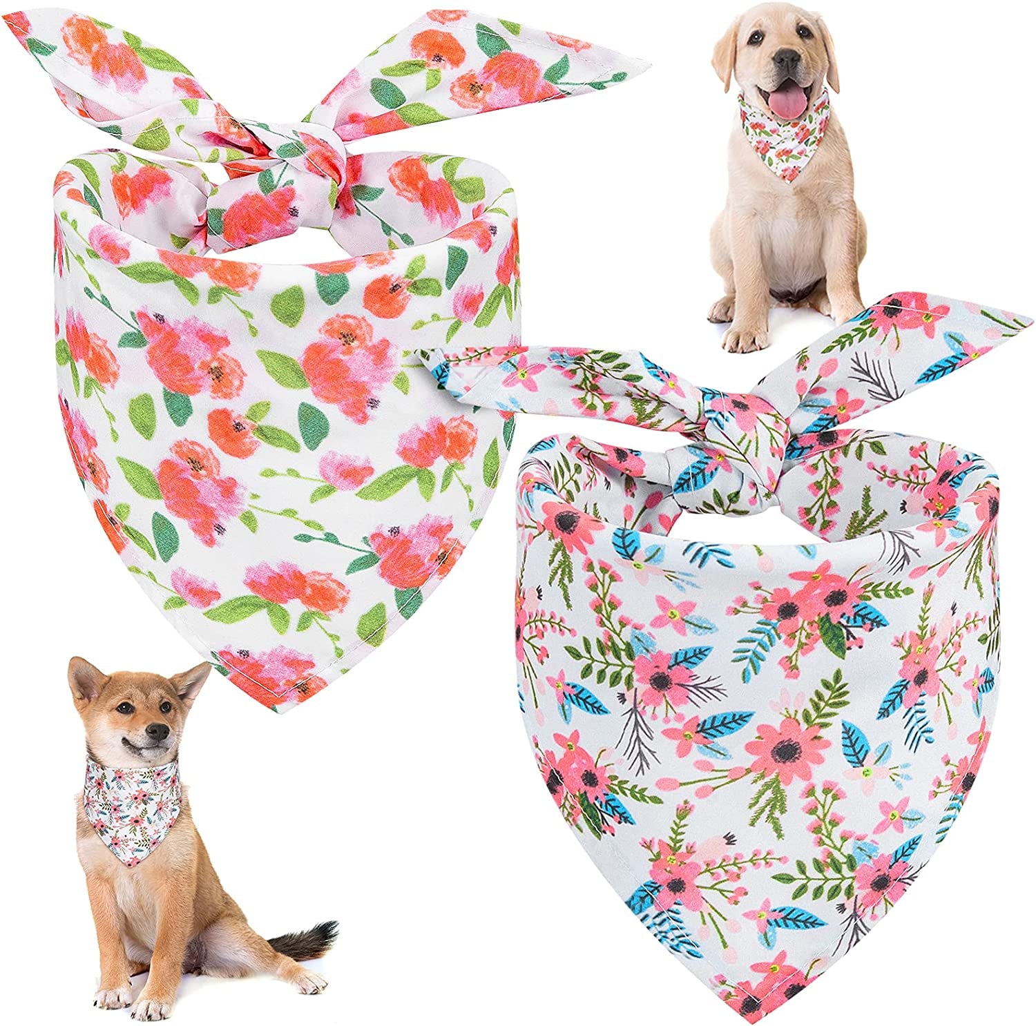 Stylish 2-Pack Dog Bandanas - Adjustable Floral Scarves for Medium & Small Dogs - Personalized Triangle Bibs for Your Furry Friend
