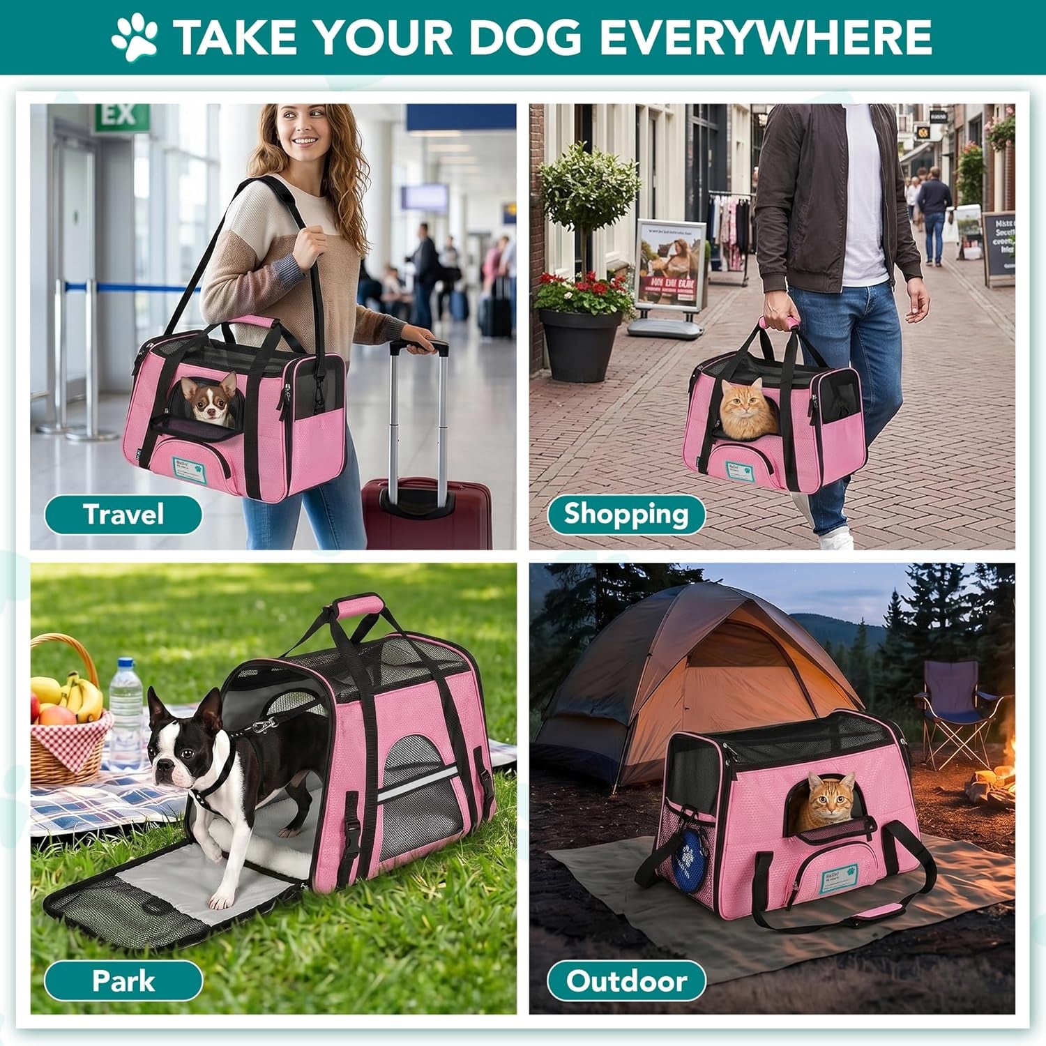 Stylish Deluxe Airline Approved Pet Carrier for Cats & Small Dogs - Soft Sided Travel Bag with Sherpa Bed & Collapsible Bowl - Perfect for Under Seat Travel, Up to 18 Lbs - Large Pink Design