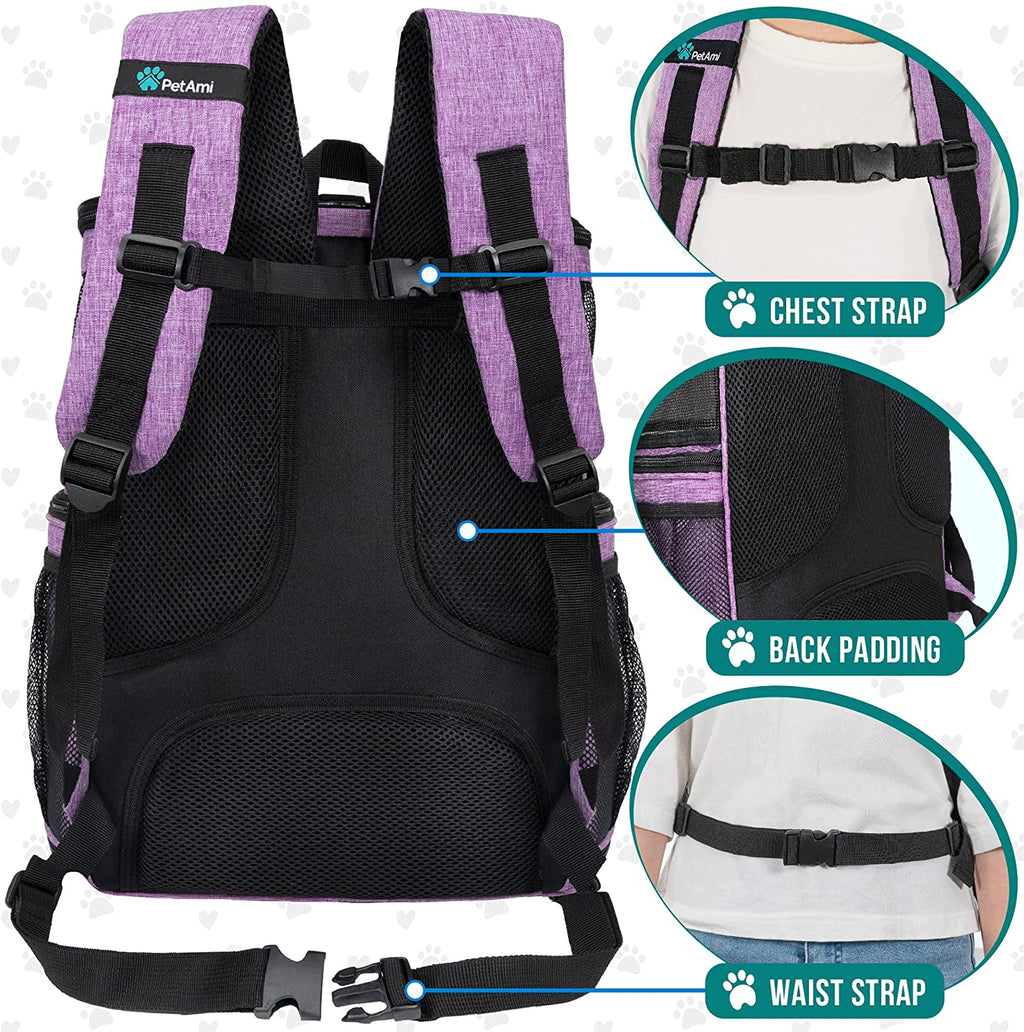 Airline Approved Dog Backpack Carrier - 4-Way Entry, Ventilated Mesh, Collapsible Pet Carrier for Small Pets (up to 18 lbs) - Perfect for Hiking, Travel & Vet Visits - Stylish Purple Design