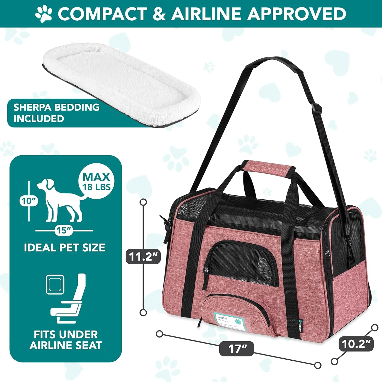 Airline Approved Soft-Sided Pet Carrier for Cats & Small Dogs - Comfortable Sherpa Bed, Breathable Mesh, Collapsible Bowl, Up to 18 lbs, Stylish Heather White & Red Design