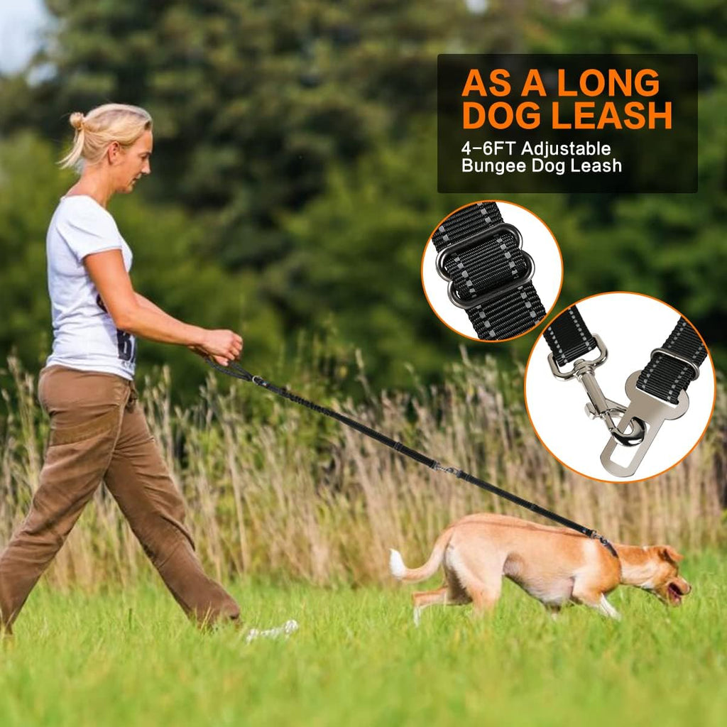 Heavy Duty 6 FT Reflective Bungee Dog Leash - Perfect for Large, Medium & Small Dogs - Nylon Leash & Seatbelt Set (Black)