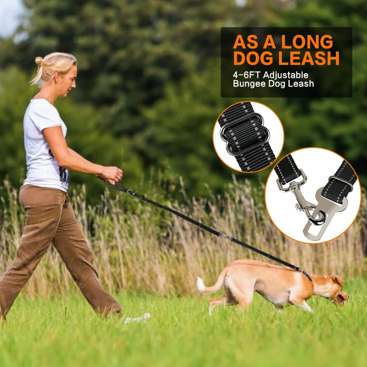 Heavy Duty 6 FT Reflective Bungee Dog Leash - Perfect for Large, Medium & Small Dogs - Nylon Leash & Seatbelt Set (Black)