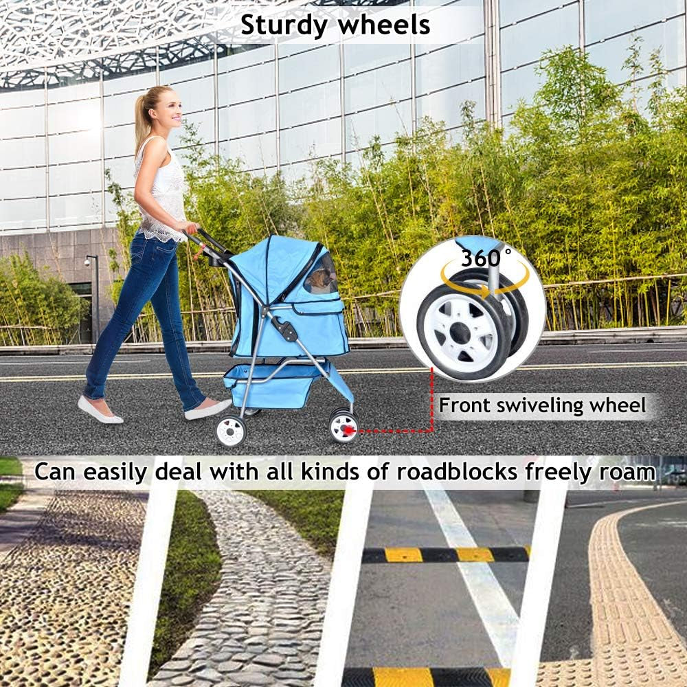 Lightweight 3-Wheel Pet Stroller - Foldable Dog & Cat Carrier with Mesh & Weather Cover, Perfect for Outdoor Walks & Travel (Blue)