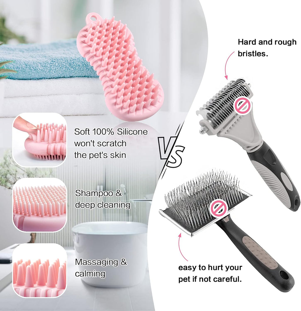 Revolutionary Pet Grooming Shampoo Brush - 2021 Silicone Bath Brush for Dogs & Cats with Soothing Massage Bristles - Effortlessly Removes Loose Fur (5 Inch, Pink)