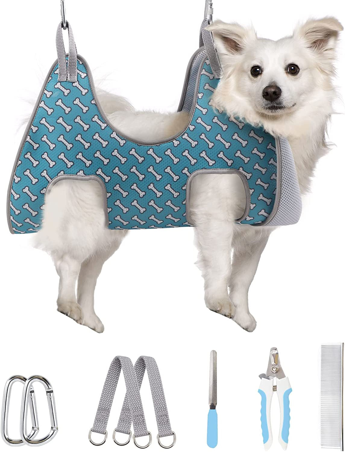 Ultimate Dog Grooming Hammock Harness - Relaxing Restraint for Cats & Dogs (Coral Blue, Size M: 9"-12.5" Leg Spacing, Up to 50LBS)