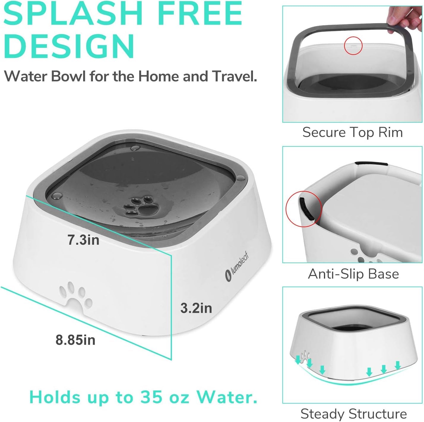 Mess-Free No Spill Water Bowl for Dogs - Slow Feeder, Drip-Free & Splash-Proof Design (Grey, 35Oz)