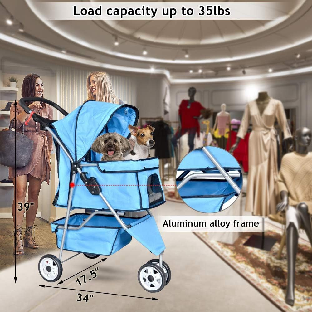 Lightweight 3-Wheel Pet Stroller - Foldable Dog & Cat Carrier with Mesh & Weather Cover, Perfect for Outdoor Walks & Travel (Blue)