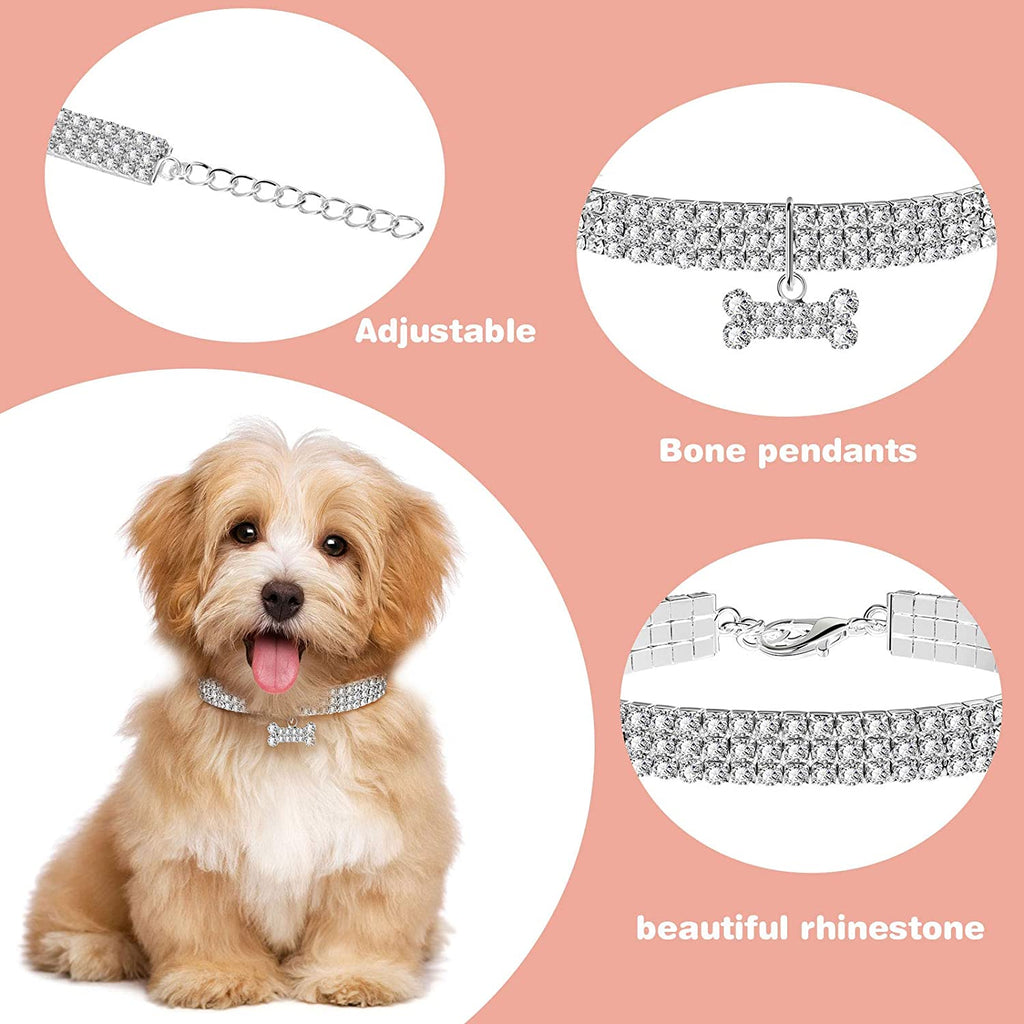 Bling Rhinestones Adjustable Pet Collars - Sparkling Crystal Necklaces for Small Dogs and Cats (3 Pack, White)