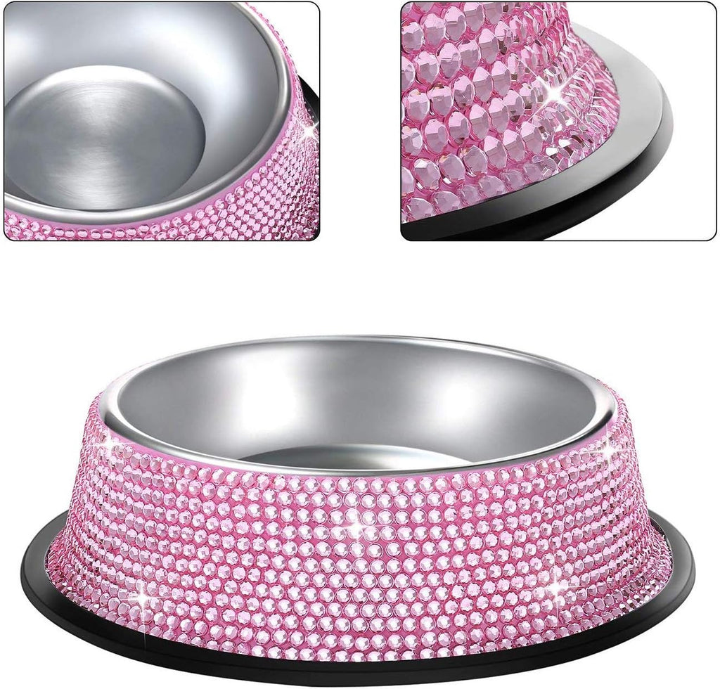 Glamorous Pink Bling Dog Bowls - Set of 2 Handmade Rhinestone Stainless Steel Feeders for Dogs and Cats (640ML)