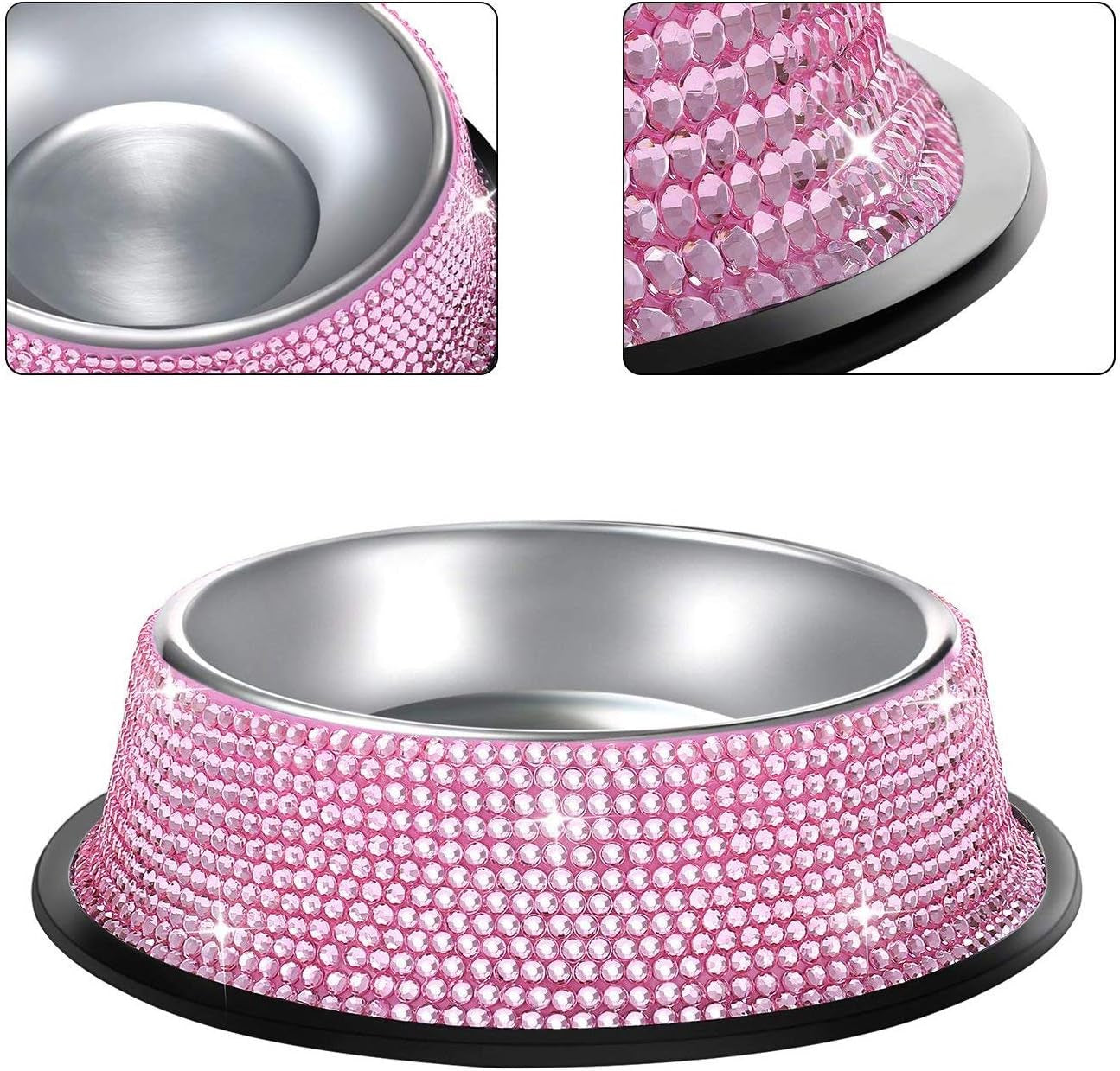 Glamorous Pink Bling Dog Bowls - Set of 2 Handmade Rhinestone Stainless Steel Feeders for Dogs and Cats (640ML)