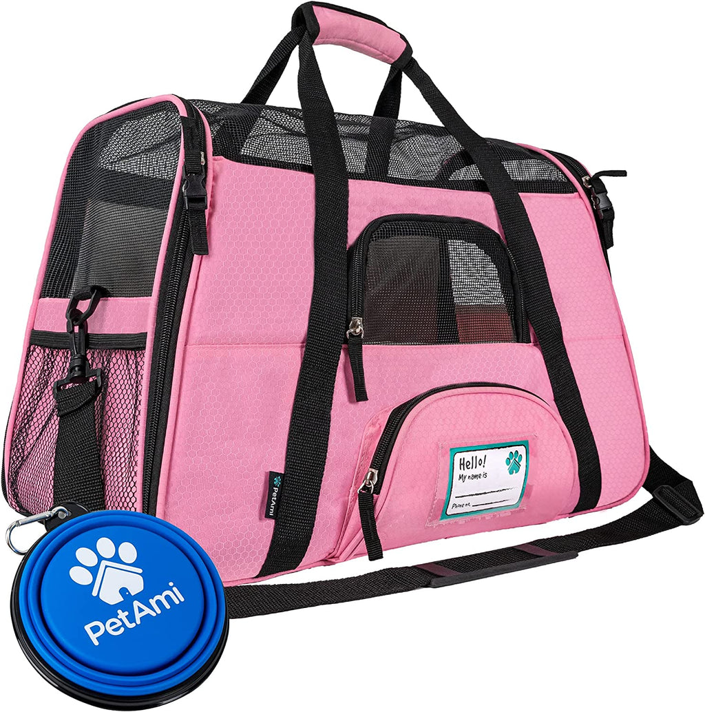 Stylish Deluxe Airline Approved Pet Carrier for Cats & Small Dogs - Soft Sided Travel Bag with Sherpa Bed & Collapsible Bowl - Perfect for Under Seat Travel, Up to 18 Lbs - Large Pink Design