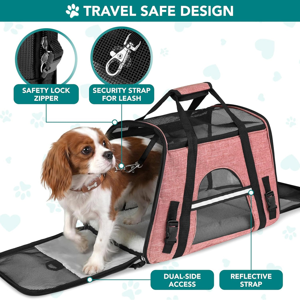 Airline Approved Soft-Sided Pet Carrier for Cats & Small Dogs - Comfortable Sherpa Bed, Breathable Mesh, Collapsible Bowl, Up to 18 lbs, Stylish Heather White & Red Design